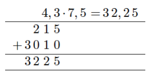 4,3*7,5=32,35
En lang strek
215 der sifrene 1 og 5 står rett under 4 og 3
+ 3010 der 0, 1 og 0, står rett under 215
= 3225